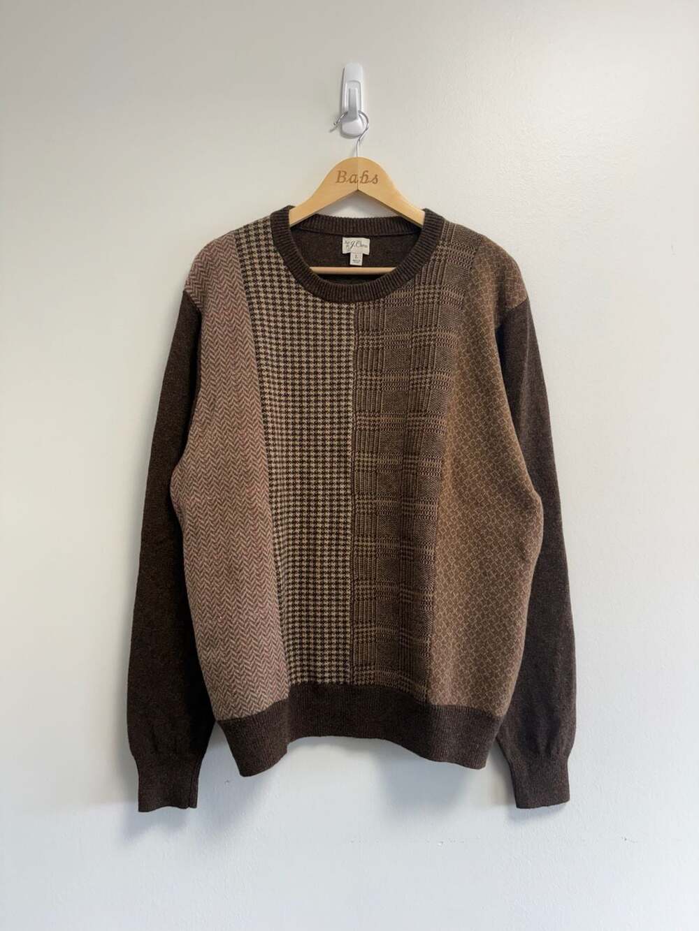 J.Crew Mixed Pattern Sweater Size L Brown Wool Blend Patchwork